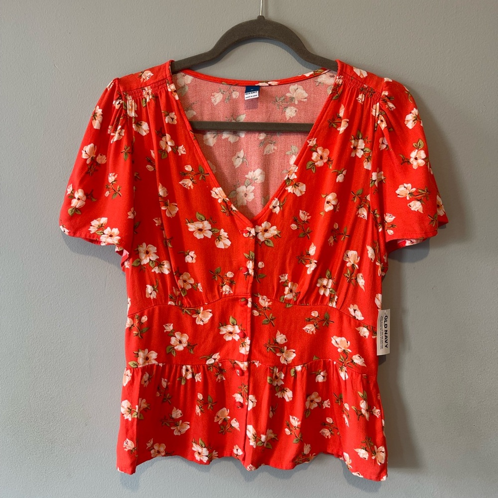 Old Navy Orange Floral V-Neck Peplum Blouse